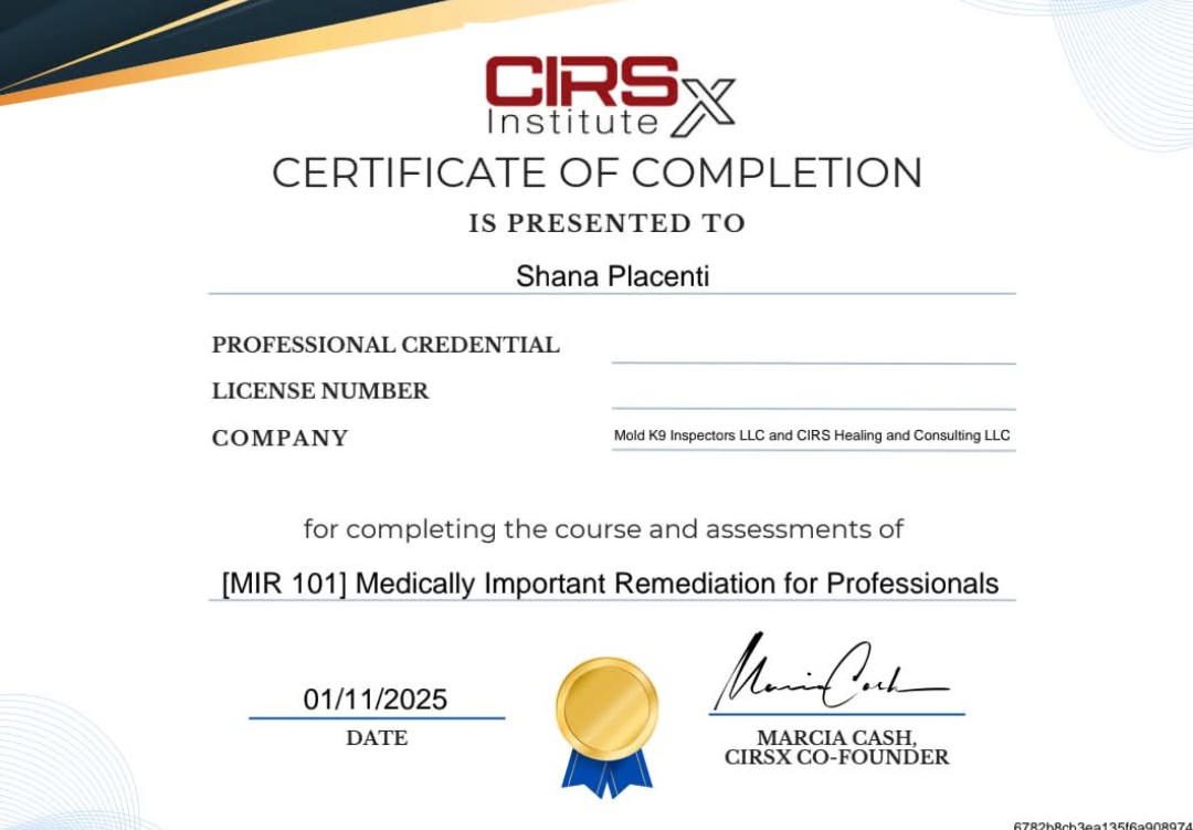 Certificate of completion from CIRS Institute for MRI remediation training.