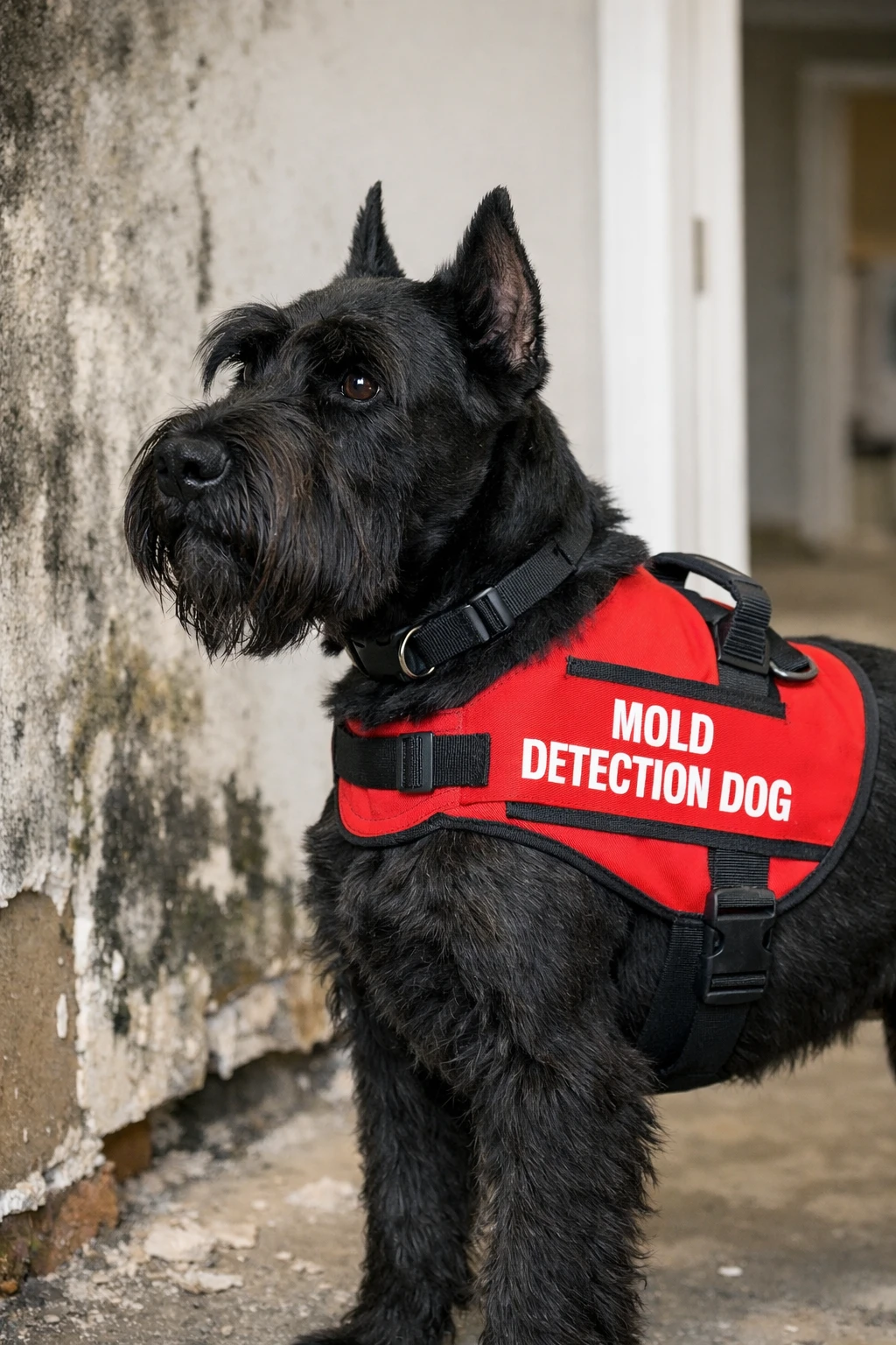 Black dog wearing a red vest labeled 'Mold Detection Dog'.