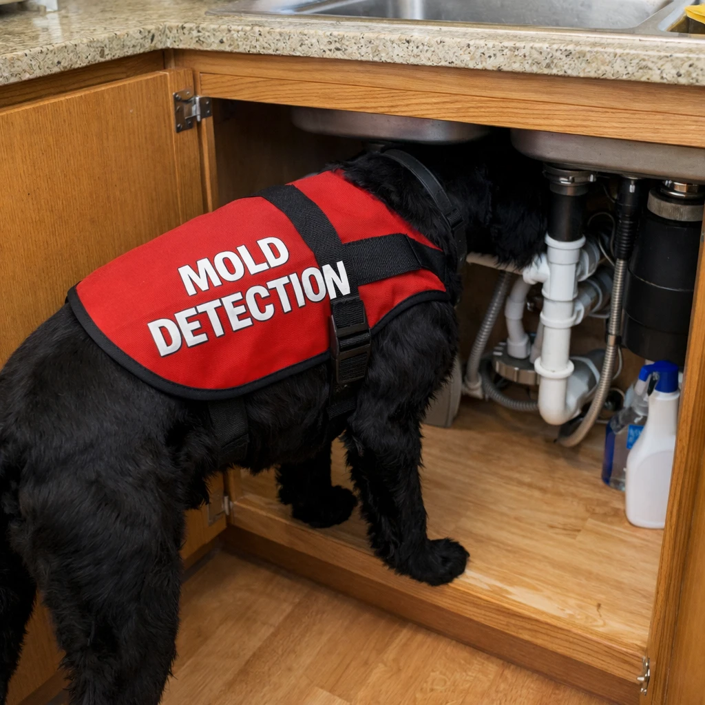 A dog wearing a "Mold Detection" vest inspecting under a sink.