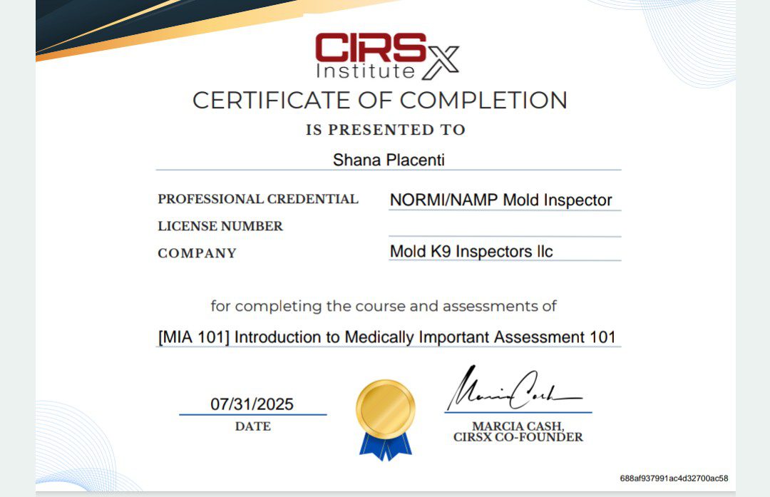 Certificate of completion for Mold Inspection training.