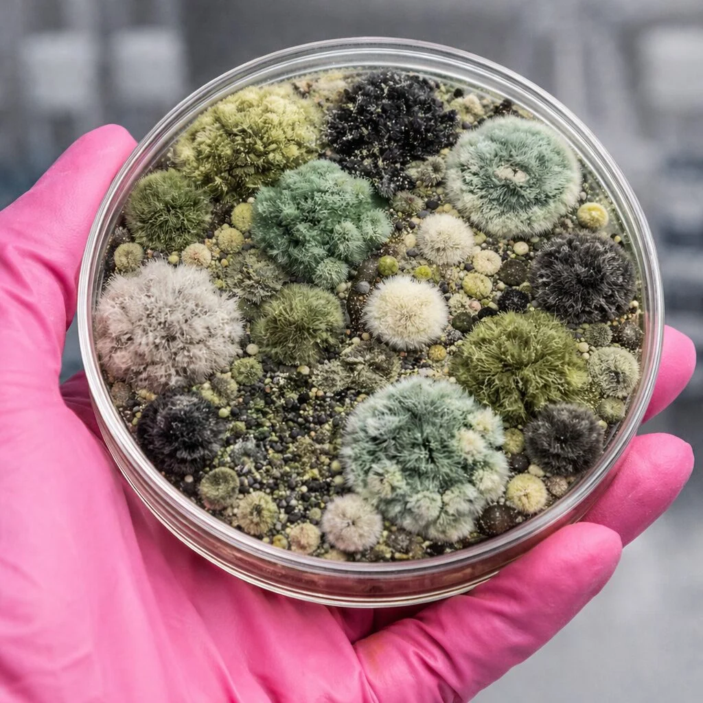 Varied colorful lichen and moss samples in a petri dish held by a gloved hand.
