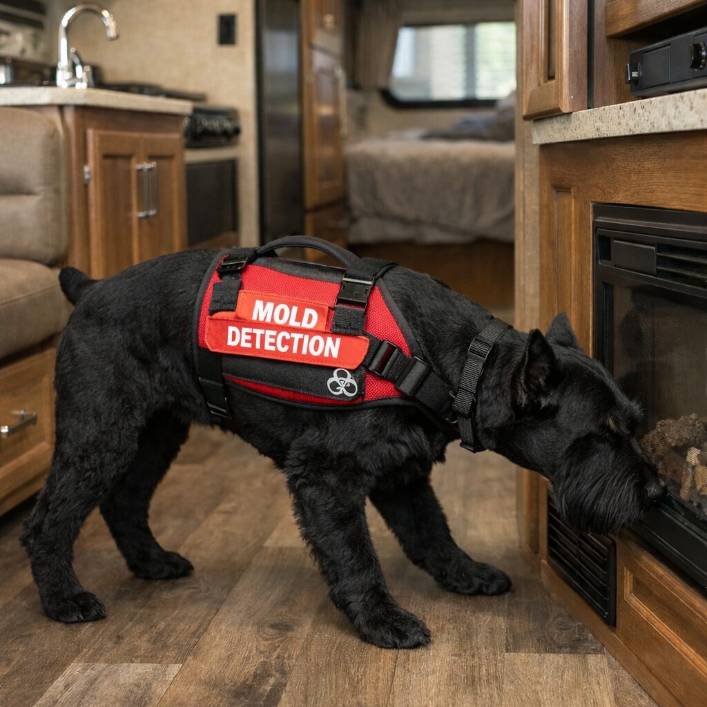 A black detection dog sniffing inside a cozy RV.
